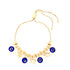 The Blue Evil Eyes Tiny Elephant Charm Bracelet features a 14k gold-filled chain with alternating gold beads and elephant charms, beautifully highlighted by blue evil eye charms. Its adjustable design ensures it fits any wrist perfectly.